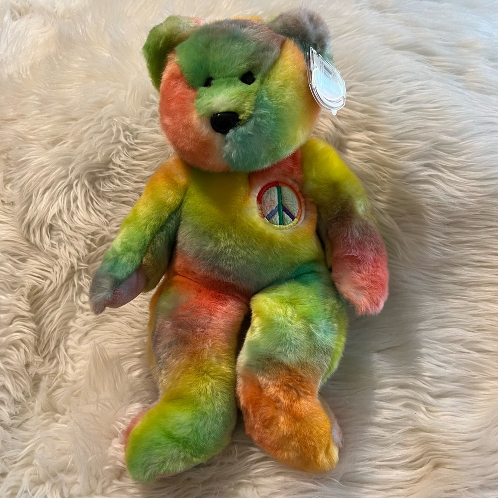 Ty Tie Dye Beanie Buddy "PEACE" Bear Plush
